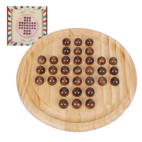 Solides Holz Solitaire Spiel, Klassisches handgefertigtes Gummibaumholz-Brettspielzeug mit 33 geschliffenen Holzkugeln, Strategiesches Denkspiel für Kinder und Erwachsene von GOTHINK