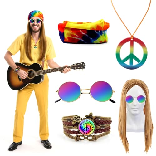 GOTRUST 5PCS Hippie Accessoires Herren 70 Jahre, Hippie Perücken Set, Hippie-Kostüm Zubehör, 60er 70er Jahre Fasching Bekleidung für Thema Party Mottoparty Halloween Karneval Cosplay GOTRUST 5PCS Hippie Accessoires Herren 70 Jahre, Hippie Perücken Set, Hippie-Kostüm Zubehör, 60er 70er Jahre Fasching Bekleidung für Thema Party Mottoparty Halloween Karneval Cosplay von GOTRUST