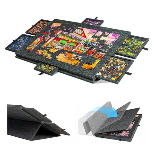 Puzzletisch 1000 Teile, Puzzlebrett mit 6 Schubladen, Kippbares Puzzle Board mit 2-in-1-Ständer und Abdeckung, Superleichtes Filz Puzzle Table für Erwachsene und Kinder, Tragbarer Puzzleplatte von GOURDBRO