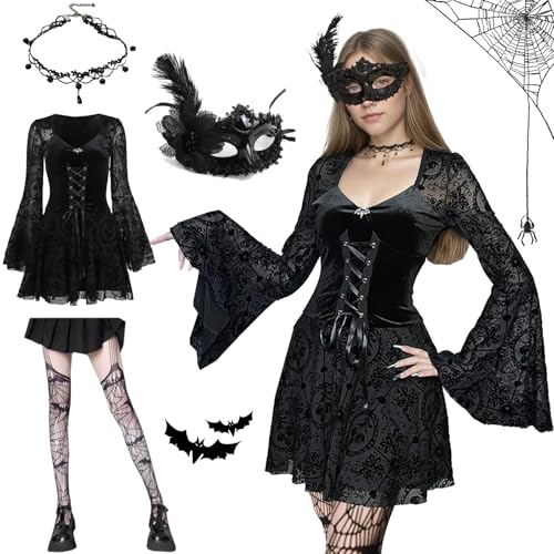 GOUYENG Abendkleid,Vampir Kostüm,Gothic Kleid,Karneval Kostüm,Damen Cocktailkleid,Wear Schnürkleid,Halloween Kleid,Langarm Cosplay Ballkleid,für Karneval,Fasching,Mottoparty,Halloween von GOUYENG