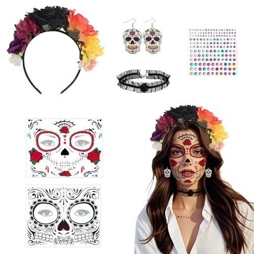 GOUYENG Halloween Haarreif,Tag der Toten Haarreif,Tag der Toten Haarschmuck,Temporäre Gesichtstattoos,Rose Blume Krone Kopfschmuck,für Karneval,Fasching,Mottoparty,Halloween von GOUYENG