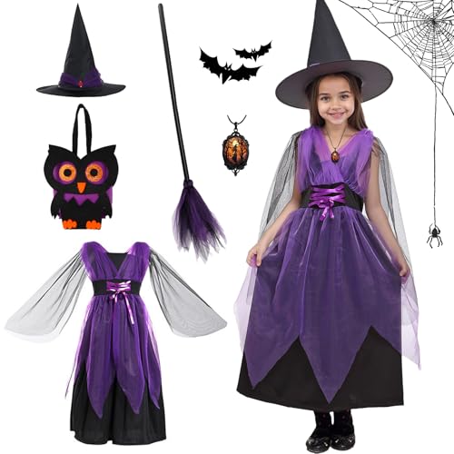 GOUYENG Hexenkleid,Hexenkostüm Mädchen,Hexen Verkleidung Set,Halloween Kostüm Kinder,Witch Paillettenkostüm für Kinder,Farbe Kleid mit Hexenhut,für Karneval,Fasching,Mottoparty,Halloween von GOUYENG