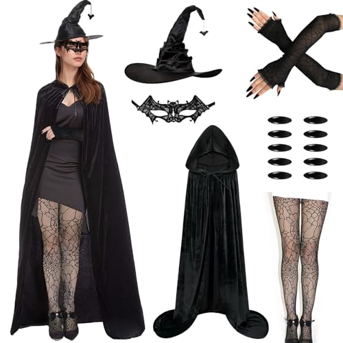 GOUYENG Umhang Halloween,Halloween Kostüm Damen,Hexenkostüm Damen,Frauen Hexenhut,Hexenumhang für Erwachsene,Witch Costume Women,für Karneval,Fasching,Mottoparty,Halloween von GOUYENG