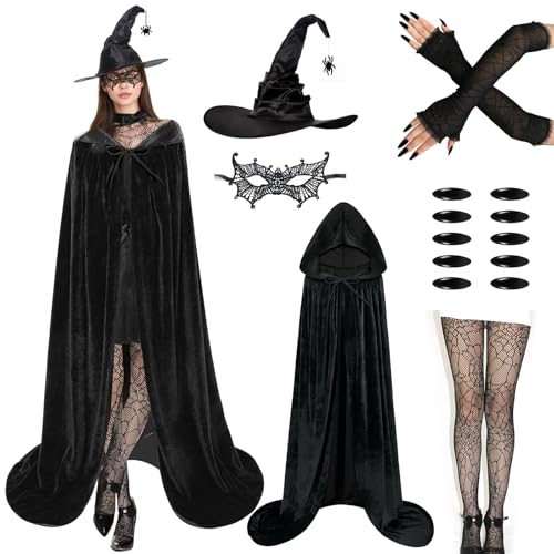 GOUYENG Umhang Halloween,Halloween Kostüm Damen,Hexenkostüm Damen,Frauen Hexenhut,Hexenumhang für Erwachsene,Witch Costume Women,für Karneval,Fasching,Mottoparty,Halloween von GOUYENG