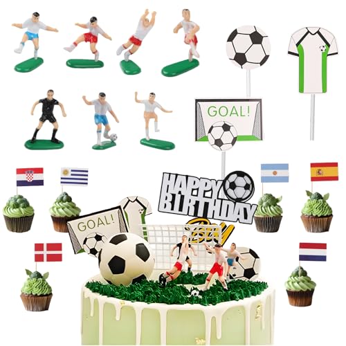 28Stks Fußball Tortendeko Set, Thema Sport Fussball Cupcake Deko, Happy Birthday Fußball Figuren Tortenaufleger, Jungen Fussball Kuchen Deko mit 2 Armbändern für Kinder Party Geburtstag von GOWTX