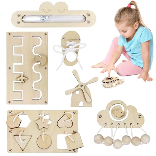 6Stks Hölzernes Busy Board, Aktivitätsbrett, Holzspielzeug Tätigkeitsboard, Kinder Activity Board, DIY Praktische Fähigkeiten Lernspielzeug, Holz Vorschulalter Busy Board Zubehör für 1-6 Jährige von GOWTX