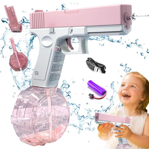 Elektrische Wasserpistole für Erwachsene Kinder, Wasserpistole mit 434ml Kapazität,Max Range 32ft Wasserpistole Elektrisch,Wasserspritzpistole Spielzeug für Sommer Strand Pool (Pink-434ml) von GOXAEEE