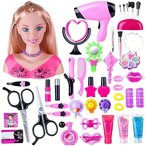 GOXAEEE Frisierkopf, 35 Stück, Frisierkopf und Make-up, Spielzeug, für Mädchen für 1-9 Jahre, Puppe, Styling Head Hair Dressing (Rosa-45 Stück), tete a coiffer von GOXAEEE