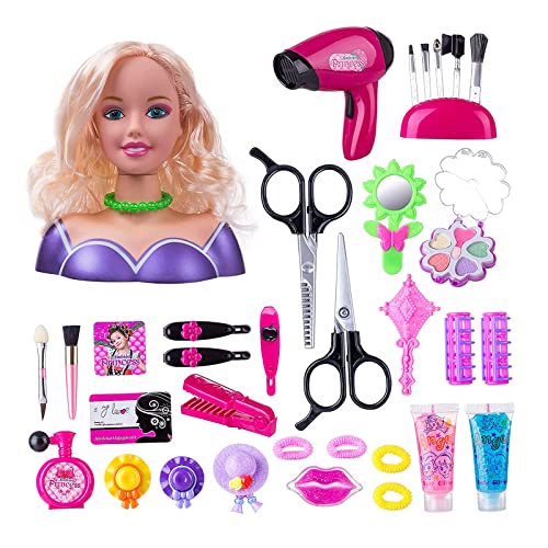 GOXAEEE Frisierkopf, 35 Stück, Kopf zum Frisieren und Schminken, Spielzeug für Mädchen für 1 – 9 Jahre, Puppe Styling Head Friseur (blau) von GOXAEEE
