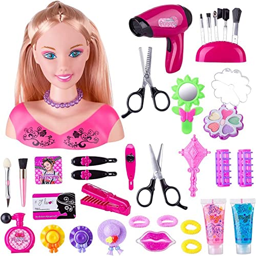 GOXAEEE Frisierkopf, 35 Stück Kopf zum Frisieren und Schminken, Spielzeug für Mädchen für 1 9 Jahre, Puppe Styling Head Hairdressing (Rosa), tete a coiffer von GOXAEEE