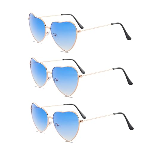 GOZINA 3 Pack Herz Sonnenbrille, Sunglasses Woman, Partybrillen, Sonnenbrille Herz, Lustige Brillen, Herzbrille, 70er 80er 90er Jahre Reisen Hochzeit Urlaub Geburtstag Party (progressives Blau) von GOZINA