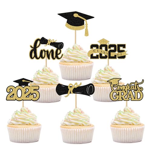 GOZINA Tortenaufsatz für Abschlussfeier, Klasse 2025, 24 Stück, Cupcake-Topper, Abschluss-Kuchendekorationen, Glückwunschabgänger 2025, Schwarz und Gold, Kuchendekoration, Party-Requisiten von GOZINA