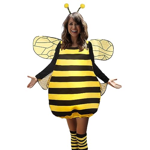 GPLOPEEY Bienen-Kostüm für Damen Mädchen Bienen-Kostüm-Sets, Kleid, Flügel, Stirnband, Beinkleider, Rollenspiel Zubehör Halloween Cosplay Outfits (03 Yellow, XXL) von GPLOPEEY