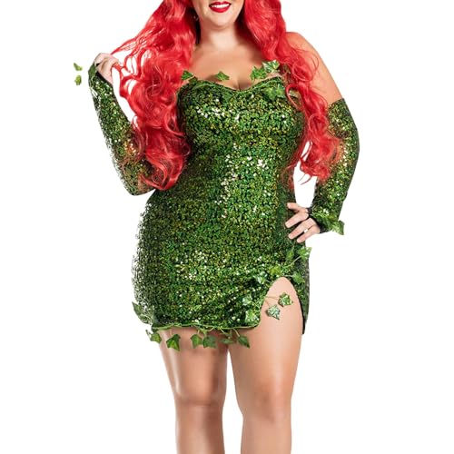 GPLOPEEY Deluxe Green Ivy Kostüm für Damen Sexy Poison Ivy Halloween Kostüm Fake Leaves Ärmelloses Paillettenkleid mit Handschuhen Set (01 Green, L) von GPLOPEEY