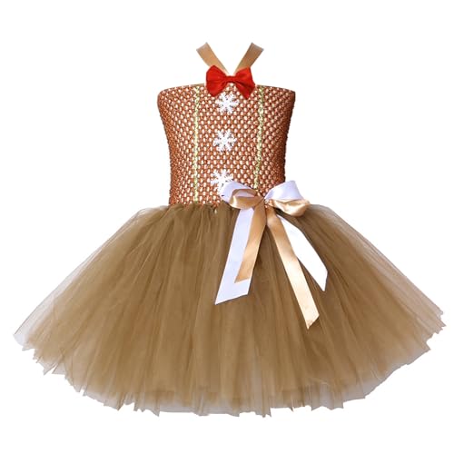 GPLOPEEY Girls Gingerbread Man Christmas Costume Sleeveless Tulle Patchwork A-Line Dress Party Cosplay Dress (01 Brown, 10-12 Years) von GPLOPEEY