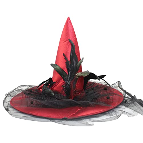 GPLOPEEY Halloween-Hexenhüte für Damen, Erwachsene, spitze Hexenkappe mit Schleier und Federn, Cosplay, Kostüm, Party, Kostümzubehör, 03 Rot, Einheitsgröße GPLOPEEY Halloween-Hexenhüte für Damen, Erwachsene, spitze Hexenkappe mit Schleier und Federn, Cosplay, Kostüm, Party, Kostümzubehör, 03 Rot, Einheitsgröße von GPLOPEEY