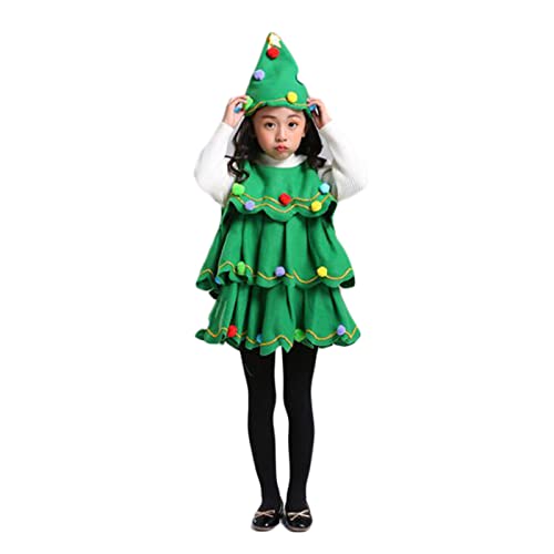 GPLOPEEY Mädchen-Weihnachtsbaum-Kostüm, Ärmelloses Kleid + Hut, Weihnachtsbaum-Form-Pelz-Kugel-Dekoration-Festival-Kleidung (01 Green, 2-3 Years) von GPLOPEEY