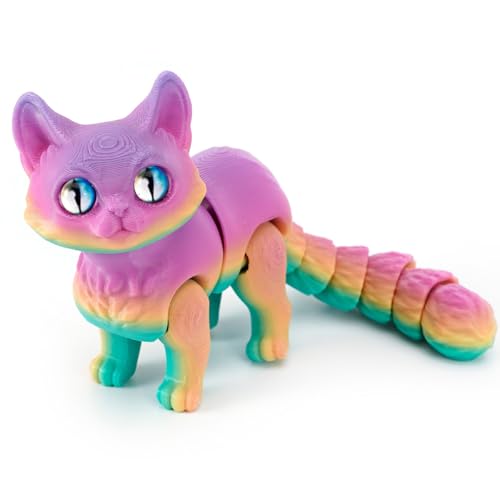 Katzen Spielzeug Kinder, 3D Katze, 3D Druck Katze Modell, 3D Gedruckte Kitten Katzen Statue Decor, 3D Drucker Tierspielzeuge, Zappelspielzeug für Autismus/ADHS, Festival Geschenk (16cm,Regenbogen A) von GQDGCU
