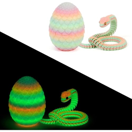 Schlange Spielzeug, 3D Gedruckte Drachenei Schlangeneier, 3D Druck Schlange mit Ei, Flexibel 3D Drache Tiere Schlangen Toy, Schlangen Modell für Schreibtisch Wohnkultur (30cm,Leuchtend Regenbogen B) von GQDGCU