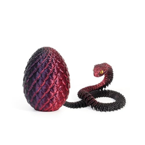 Schlange Spielzeug, 3D Gedruckte Drachenei Schlangeneier, 3D Druck Schlange mit Ei, Flexibel 3D Drache Tiere Schlangen Toy, Schlangen Modell für Schreibtisch Wohnkultur (30cm,Schwarz Rot) von GQDGCU