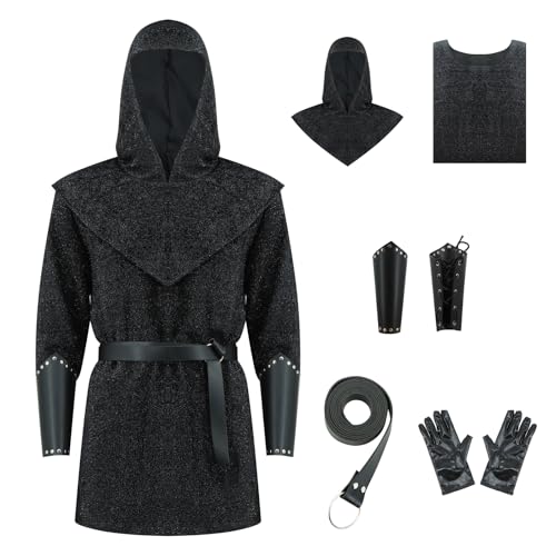 Renaissance-Kettenpanzer-Tunika, Hemd, Mantel, Mittelalterlicher Ritter, Kutte, Kreuzritter-Kostüm, Outfit, Gürtel, Handschuhe, Armschienen-Set, Schwarz, Large Renaissance-Kettenpanzer-Tunika, Hemd, Mantel, Mittelalterlicher Ritter, Kutte, Kreuzritter-Kostüm, Outfit, Gürtel, Handschuhe, Armschienen-Set, Schwarz, Large von GQWSTP