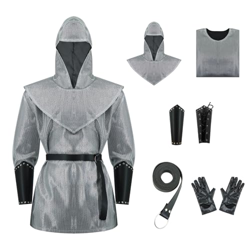 Renaissance-Kettenpanzer-Tunika, Hemd, Mantel, Mittelalterlicher Ritter, Kutte, Kreuzritter-Kostüm, Outfit, Gürtel, Handschuhe, Armschienen-Set, Silbergrau, 3XL Renaissance-Kettenpanzer-Tunika, Hemd, Mantel, Mittelalterlicher Ritter, Kutte, Kreuzritter-Kostüm, Outfit, Gürtel, Handschuhe, Armschienen-Set, Silbergrau, 3XL von GQWSTP