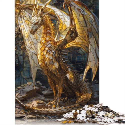 1000 Teile Gold Buntglas Drachen Puzzle Puzzle für Erwachsene Schwierigkeitsgrad Puzzle Lernspiel Spielzeug 1000 Stück (38x26cm) von GQmoney