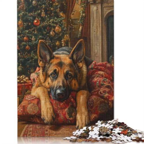 1000 Teile Weihnachtsporträt mit deutschem Schäferhund, Urlaubshund, Wandkunst für Erwachsene, schwieriges Papierpuzzle für Erwachsene, (38 x 26 cm) von GQmoney