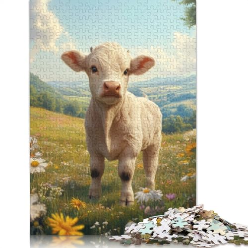 1000 Teile Weißes Bullenkalb auf der Wiese Puzzle, Schwierigkeitsgrad für Erwachsene, Entspannungsspiele, Spielzeug, 1000 Teile (75 x 50 cm) von GQmoney