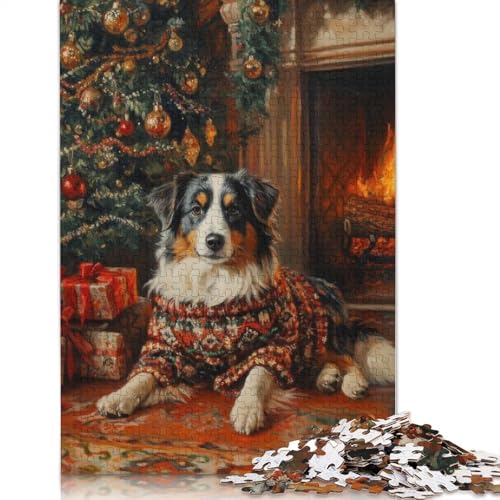 1000-teiliges Australian Shepherd-Feiertags-Kunst-Puzzle mit Hund im Pullover am Weihnachtsbaum, Papierpuzzle, Lernspiel, Herausforderung, Spielzeug, Geburtstagsgeschenk (38 x 26 cm) von GQmoney