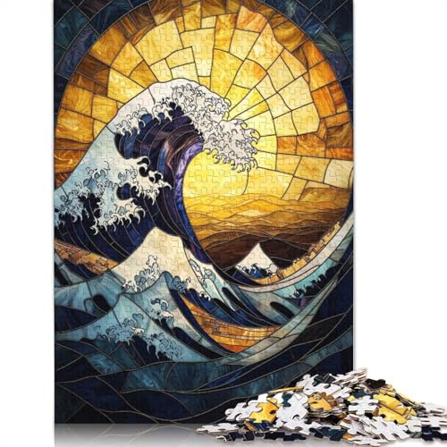 1000-teiliges Buntglas-Puzzle „Great Wave“ für Erwachsene und Teenager, Lernspiele für Zuhause, DIY-Spielzeug, 1000 Stück (75 x 50 cm) von GQmoney