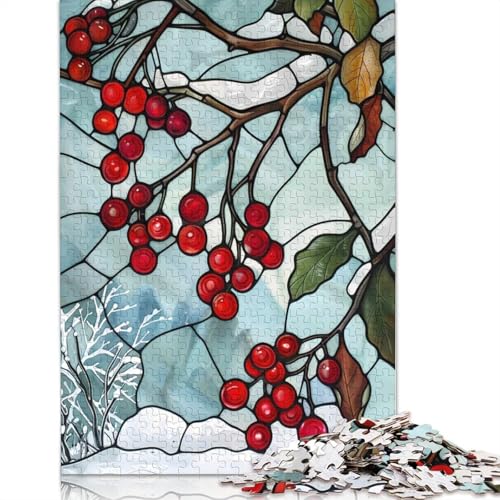 1000-teiliges Buntglas-Puzzle mit Winterbeeren für Erwachsene und Teenager. Papierpuzzles. Nachhaltiges Puzzle für Erwachsene | Spiele 1000 Teile (75 x 50 cm) von GQmoney