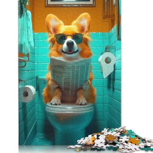 1000-teiliges Corgi-Puzzle zum Lesen auf der Toilette für Erwachsene, Papierpuzzle, Lernspiel für Erwachsene Teenager, 1000 Teile (38 x 26 cm) von GQmoney