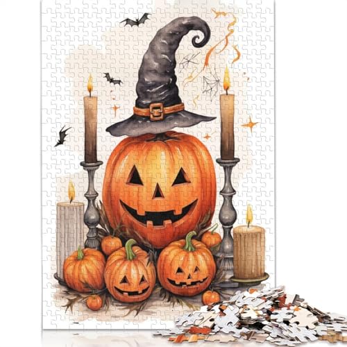 1000-teiliges Halloween-Puzzle mit Kürbissen und Hexenhut für Erwachsene und Teenager, Papierpuzzle, 1000 Teile (38 x 26 cm) von GQmoney
