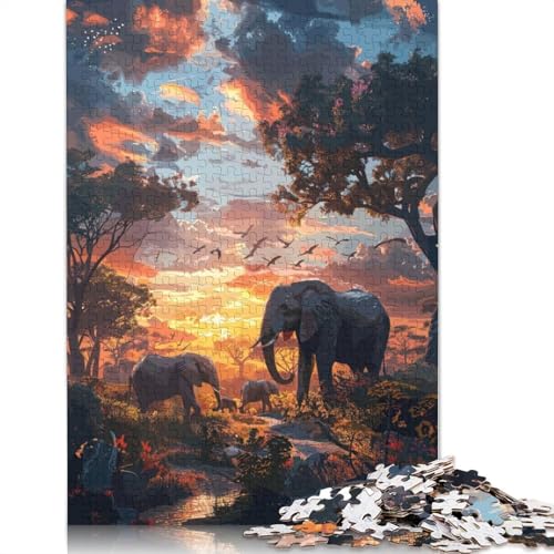 1000-teiliges Puzzle, Elefanten, Natur, SynthWave für Erwachsene, Holzpuzzle, Lernspielzeug, 1000 Teile (75 x 50 cm) von GQmoney