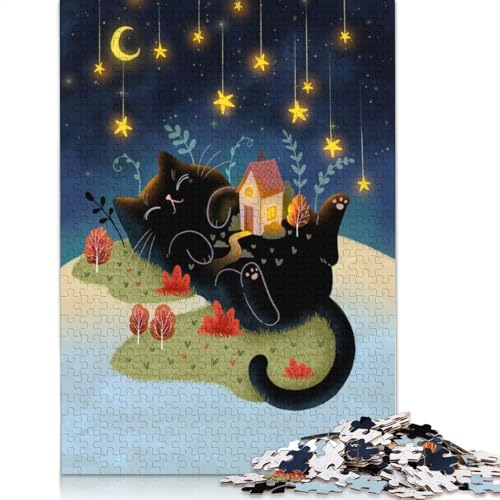 1000-teiliges Puzzle, schlafende Katze unter Sternenhimmel, Holzpuzzle, Familienaktivität, 1000 Stück (75 x 50 cm) von GQmoney