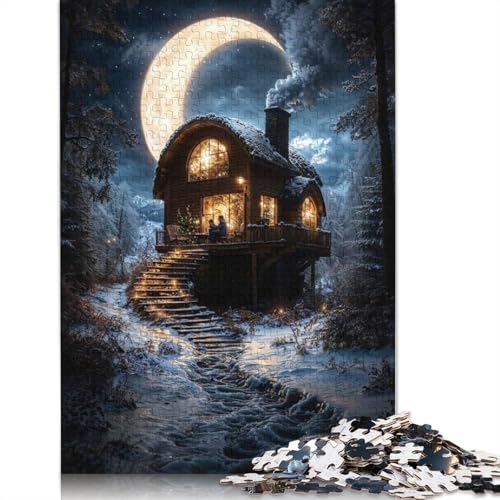1000-teiliges Puzzle „Gemütliche Hütte unter Halbmond“ für Erwachsene und Teenager, Lernspiele für Zuhause, DIY-Spielzeug, 1000 Teile (38 x 26 cm) von GQmoney