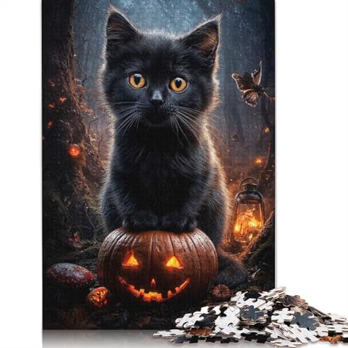 1000-teiliges Puzzle „Schwarze Katze auf Kürbislaterne“ für Erwachsene, Papierpuzzle für Erwachsene und Jugendliche, Lernpuzzle, 1000 Teile (38 x 26 cm) von GQmoney