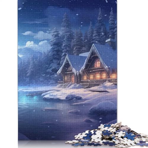1000-teiliges Puzzle „Winterhütte an einem See“ für Erwachsene Teenager, Papierpuzzles, nachhaltiges Puzzle für Erwachsene | Spiele 1000 Teile (38 x 26 cm) von GQmoney