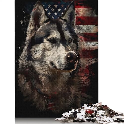 1000-teiliges Puzzle mit Alaskan Malamute und Amerika-Motiv, für Erwachsene, Schwierigkeitsgrad: Puzzles, die die Beziehungen zwischen Familienmitgliedern stärken, 1000 Stück (38 x 26 cm) von GQmoney