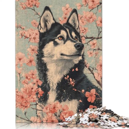 1000-teiliges Puzzle mit Husky-Hund in Kirschblüten, Kirschblüten-Blumenkunst, Puzzle, Lernspielzeug (75 x 50 cm) von GQmoney