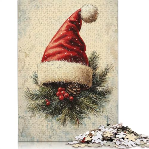 1000-teiliges Puzzle mit Weihnachtsmannmütze auf Tannenzweig für Erwachsene Teenager, Papierpuzzle, nachhaltiges Puzzle für Erwachsene | Spiele 1000 Teile (38 x 26 cm) von GQmoney