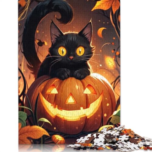 1000-teiliges Puzzle mit schwarzer Katze auf Kürbis für Erwachsene, Puzzle, Lernspiel, Herausforderungsspielzeug, 1000 Stück (75 x 50 cm) von GQmoney