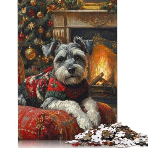 1000-teiliges Schnauzer-Puzzle im Weihnachtspullover, gemütliche Weihnachtshund-Kunst, Papierpuzzle, nachhaltiges Puzzle für Erwachsene | Spiele (75 x 50 cm) von GQmoney