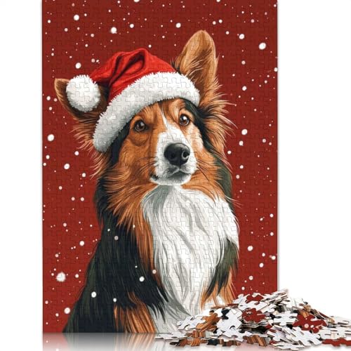 1000-teiliges Weihnachts-Collie-Puzzle mit Weihnachtsmütze, Feiertags-Hundedruck, Papierpuzzle für Teenager, Lernpuzzle (75 x 50 cm) von GQmoney
