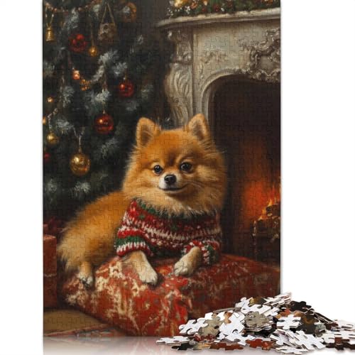 1000-teiliges Weihnachtsporträt mit Zwergspitz, süßes Weihnachts-Hundekunst-Puzzle, Papierpuzzle für Teenager, Lernpuzzle (75 x 50 cm) von GQmoney