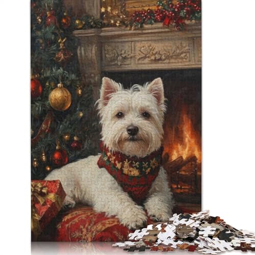 1000-teiliges Westie-Weihnachtsgemälde, Weihnachtshund-Kunst-Puzzle für Erwachsene, Puzzles, Lernspielzeug, 1000 Stück (75 x 50 cm) von GQmoney