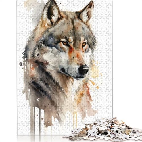 1000-teiliges Wolf-Aquarell-Puzzle für Erwachsene, Papierpuzzle, Lernspiel für Erwachsene Teenager, 1000 Teile (38 x 26 cm) von GQmoney