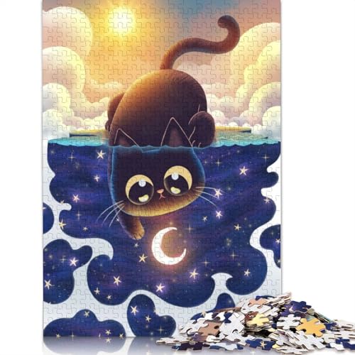 1500-teiliges Puzzle „Schwarze Katze Tag und Nacht“ für Erwachsene, Holzpuzzle, Lernspielzeug, 1500 Teile (85 x 57 cm) von GQmoney