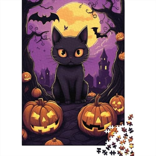 300-teiliges Puzzle für Erwachsene, quadratisches Halloween-Puzzle mit schwarzer Katze, für Erwachsene und Teenager, Holzpuzzle, Heimkunstdekor, 300 Teile (40 x 28 cm) von GQmoney